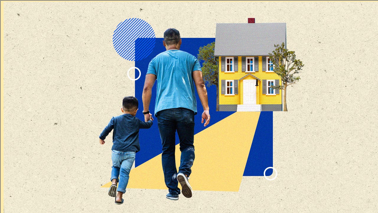 Illustration of a man and child walking toward a house